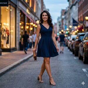 Dizzylissy Navy Blue V-Neck Fit and Flare Pleated Skater Dress Small